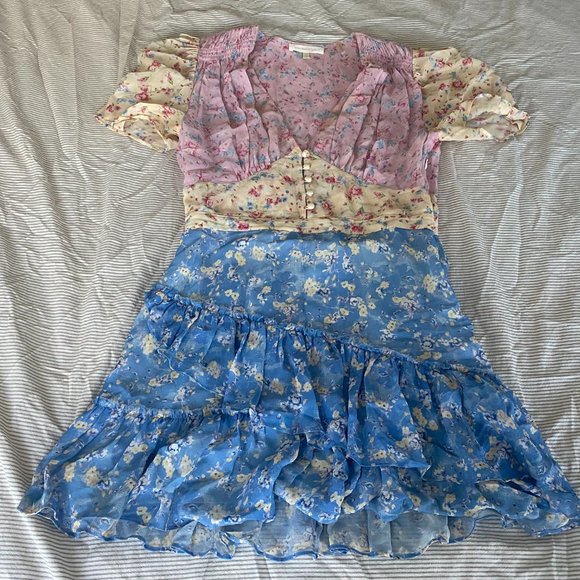 COPY - LoveShackFancy Bea Patchwork Floral Silk Dress colorful size 6 - Picture 2 of 6